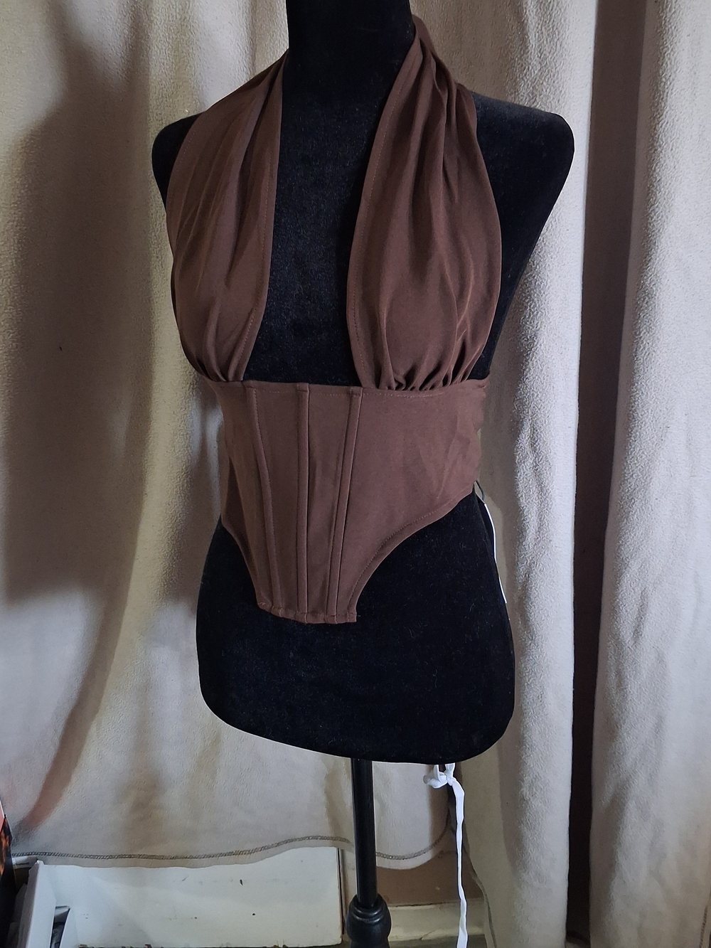 Brown Halter Corset Crop Top with Structured Waist